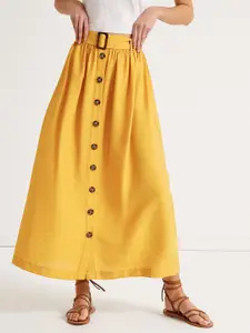 Koton Yellow Solid Buttoned Detail A-Line Maxi Skirt