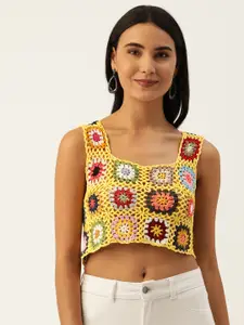 SHECZZAR Yellow & White Geometric Knitted Shirt Style Semi Sheer Crop Top
