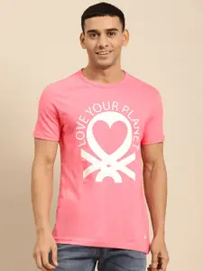 United Colors of Benetton Men Pink Brand Logo Printed Pure Cotton T-shirt