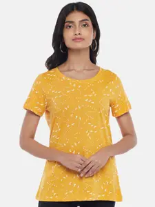 Honey by Pantaloons Women Mustard Yellow Typography Printed Raw Edge T-shirt