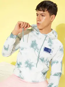 Mast & Harbour Men White & Blue Dyed Pure Cotton Printed Hooded Sweatshirt