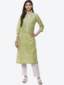 Biba Women Green Floral Embroidered Kurta