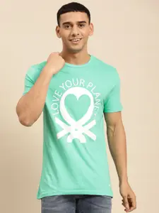 United Colors of Benetton Men Sea Green & White Brand Logo Printed T-shirt