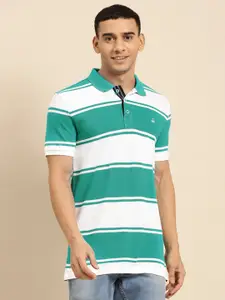United Colors of Benetton Men White & Sea Green Striped Polo Collar Pure Cotton T-shirt