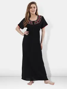 Be You Women Black Embroidered Maxi Nightdress