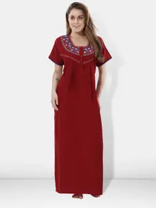 Be You Women Maroon Embroidered Maxi Nightdress