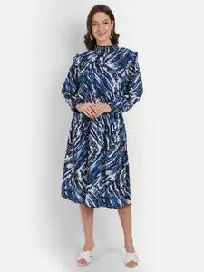 Rediscover Fashion Women Navy Blue Printed Crepe A-Line Dress