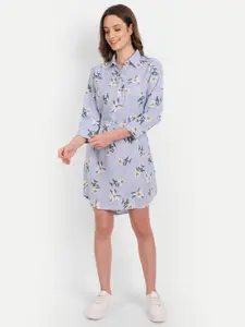 Rediscover Fashion Blue Striped Floral Print Crepe Shirt Dress