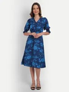 Rediscover Fashion Navy Blue Floral Crepe Midi Dress