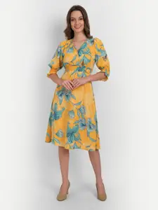 Rediscover Fashion Yellow Floral Sunshine Crepe Midi Dress