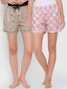 FashionRack Pack of 2 Women Pink & Beige Printed Lounge Shorts
