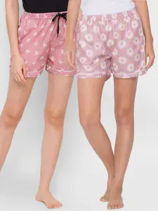 FashionRack Pack of 2 Women Pink & White Printed Lounge Shorts