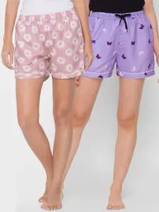 FashionRack Pack of 2 Women Pink & Purple Printed Lounge Shorts