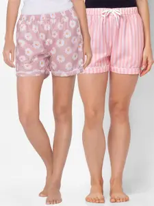 FashionRack Pack of 2 Women Pink & White Printed Lounge Shorts