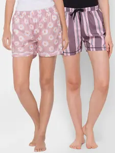FashionRack Pack of 2 Women Pink & Purple Printed Lounge Shorts