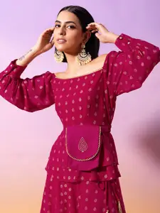 Rang by Indya Magenta & Gold-Toned Printed Off-Shoulder Georgette Top With Fanny Pack