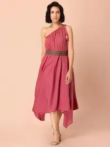 Rang by Indya Women Pink Solid One Shoulder Dresses With Leather Belt