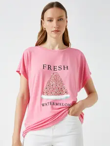 Koton Women Pink & Black Printed Extended Sleeves T-shirt