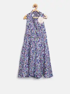 Sera Girls Blue & Pink Floral Print Fit & Flare Dress