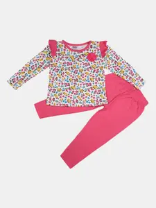 V-Mart Girls White & Pink Printed Casual Top With Leggings