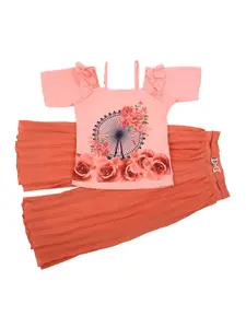 V-Mart Girls Coral & Rust Printed T-shirt with Palazzos