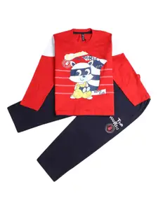 V-Mart Boys Red & Navy Blue Printed T-shirt with Pyjamas