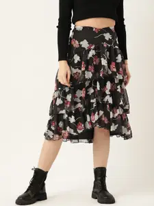 Antheaa Women Black & Off-White Floral Printed Flare Skirt