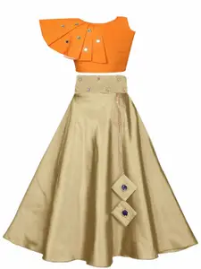 White World Girls Orange & Cream-Coloured Mirror Work Ready to Wear Lehenga &