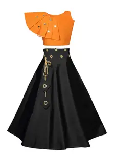 White World Girls Orange & Black Mirror Work Ready to Wear Lehenga &
