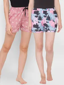 FashionRack Women Blue & Brown 2 Printed Lounge Shorts