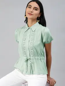 EVERYDAY by ANI Mint Green Solid Floral Schiffli A-Line Top with Waist Tie-Ups