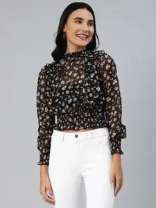 EVERYDAY by ANI Black & Pink Floral Print Dobby Weave Semi-Sheer Ruffles Top