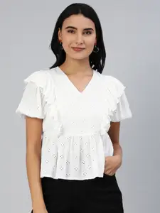 ANI White Floral Embroidered Ruffles Schiffli A-Line Top