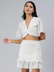 ANI Women White & Black Polka Dot Print Top with Skirt