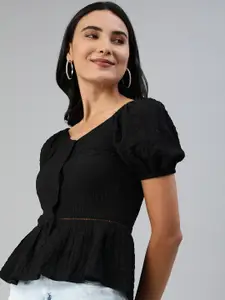 ANI Black Solid Seersucker Peplum Top with Lace Inserts