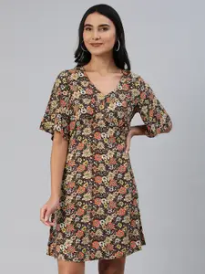 ANI White & Burgundy Ditsy Floral Print Crepe A-Line Dress with Waist Tie-Ups