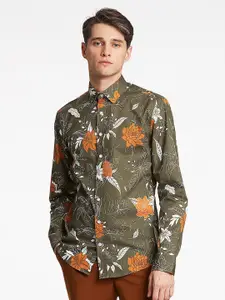 LINDBERGH Men Olive Green Slim Fit Floral Printed Casual Shirt
