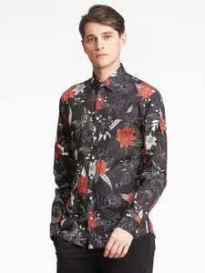 LINDBERGH Men Black Slim Fit Floral Printed Casual Shirt