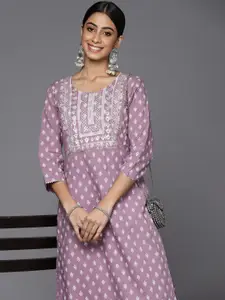 Varanga Mauve Jaipuri Printed Thread Embroidered Yoke Pure Cotton Kurta