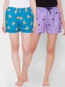 FashionRack Women Pack Of 2 Blue & Purple Printed Lounge Shorts