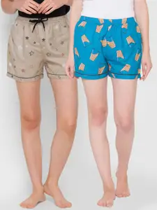 FashionRack Women Pack Of 2 Blue & Beige Printed Lounge Shorts
