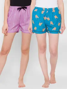 FashionRack Women Pack Of 2 Blue & Purple  Printed Lounge Shorts