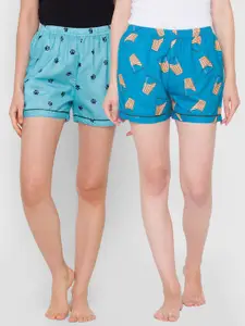 FashionRack Women Pack Of 2 Blue & Yellow Printed Lounge Shorts