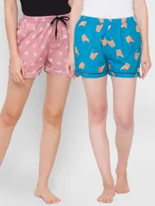 FashionRack Women Pack Of 2 Blue & Brown Printed Lounge Shorts