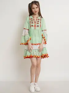 IX IMPRESSION Women Green Floral Embroidered Ethnic Dress