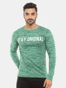 V-Mart Men Olive Green Typography Printed Cotton Slim Fit T-shirt