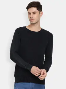 V-Mart Men Black Extended Sleeves Raw Edge Slim Fit T-shirt