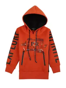 V-Mart Boys Orange Printed Hooded Sweatshirt