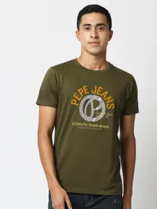 Pepe Jeans Men Olive Green Typography Printed Slim Fit T-shirt