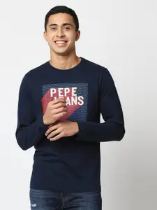 Pepe Jeans Men Navy Blue & Red Typography Printed Slim Fit T-shirt